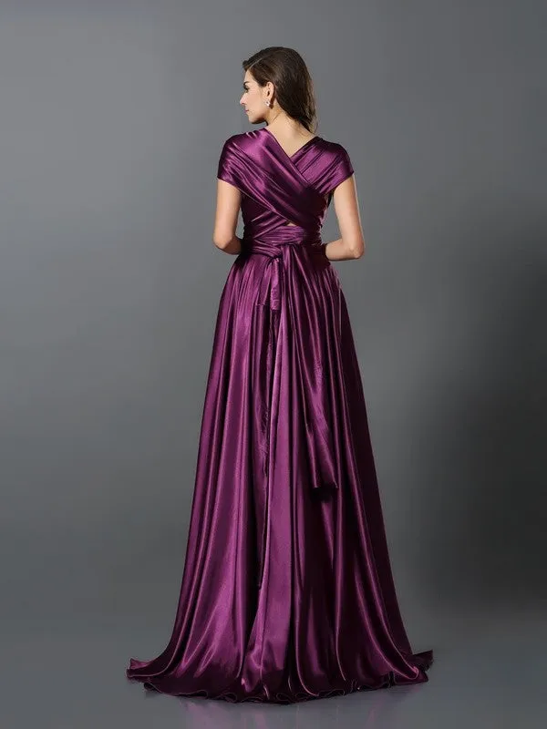 A-Line Silk like Satin V-neck Sleeveless Sweep/Brush Train With Pleats Convertible Bridesmaid Dresses