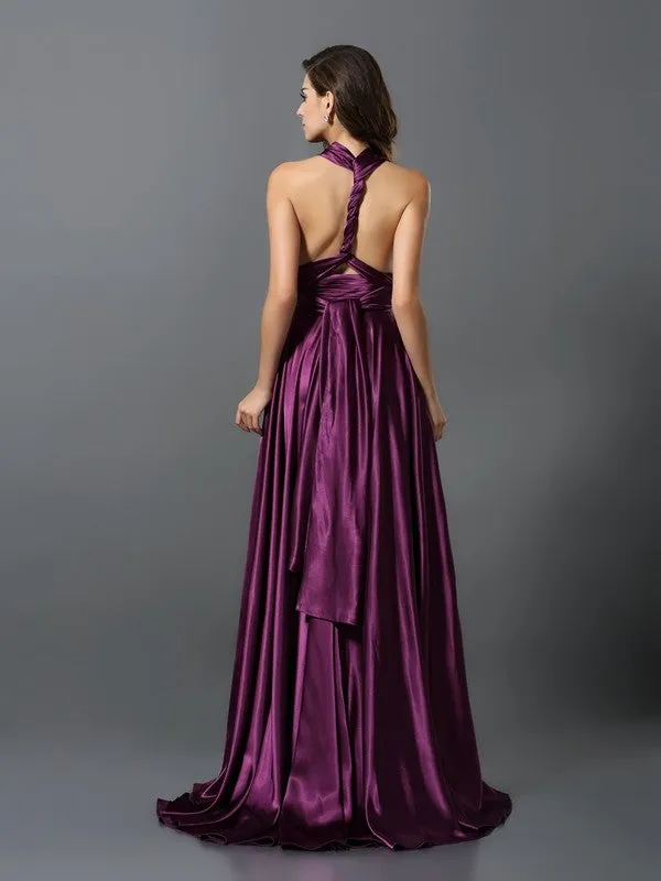 A-Line Silk like Satin V-neck Sleeveless Sweep/Brush Train With Pleats Convertible Bridesmaid Dresses