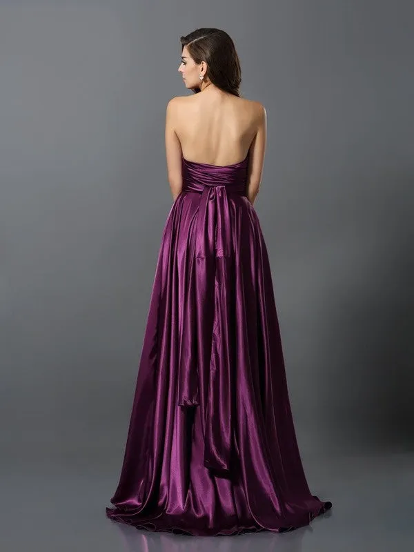 A-Line Silk like Satin V-neck Sleeveless Sweep/Brush Train With Pleats Convertible Bridesmaid Dresses