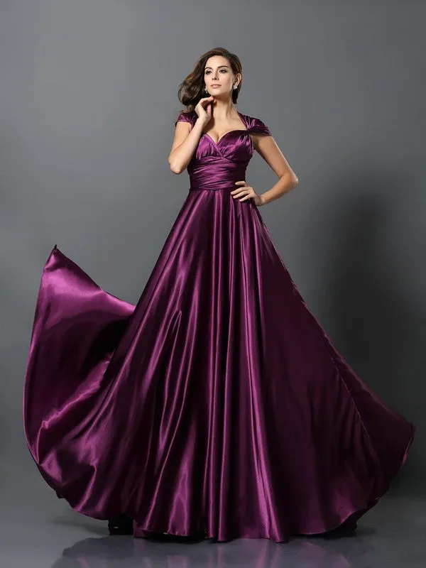 A-Line Silk like Satin V-neck Sleeveless Sweep/Brush Train With Pleats Convertible Bridesmaid Dresses