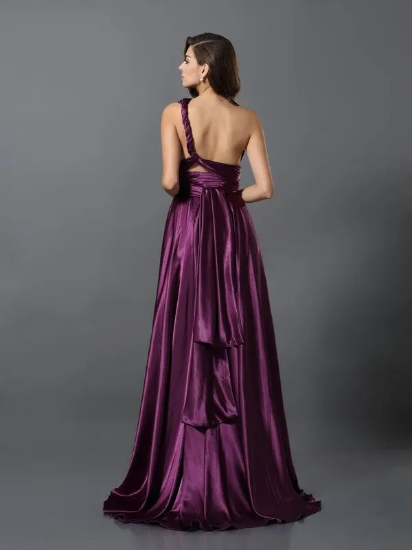 A-Line Silk like Satin V-neck Sleeveless Sweep/Brush Train With Pleats Convertible Bridesmaid Dresses
