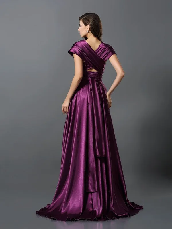 A-Line Silk like Satin V-neck Sleeveless Sweep/Brush Train With Pleats Convertible Bridesmaid Dresses