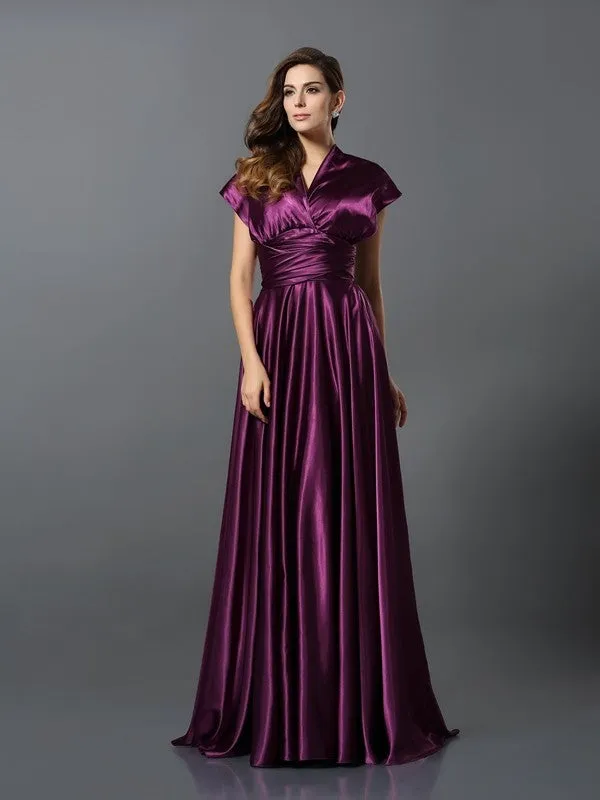 A-Line Silk like Satin V-neck Sleeveless Sweep/Brush Train With Pleats Convertible Bridesmaid Dresses