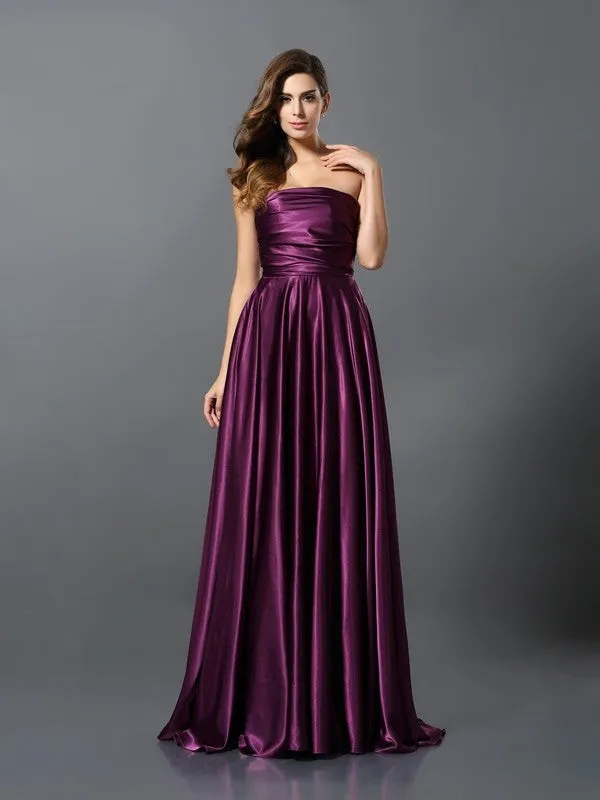 A-Line Silk like Satin V-neck Sleeveless Sweep/Brush Train With Pleats Convertible Bridesmaid Dresses