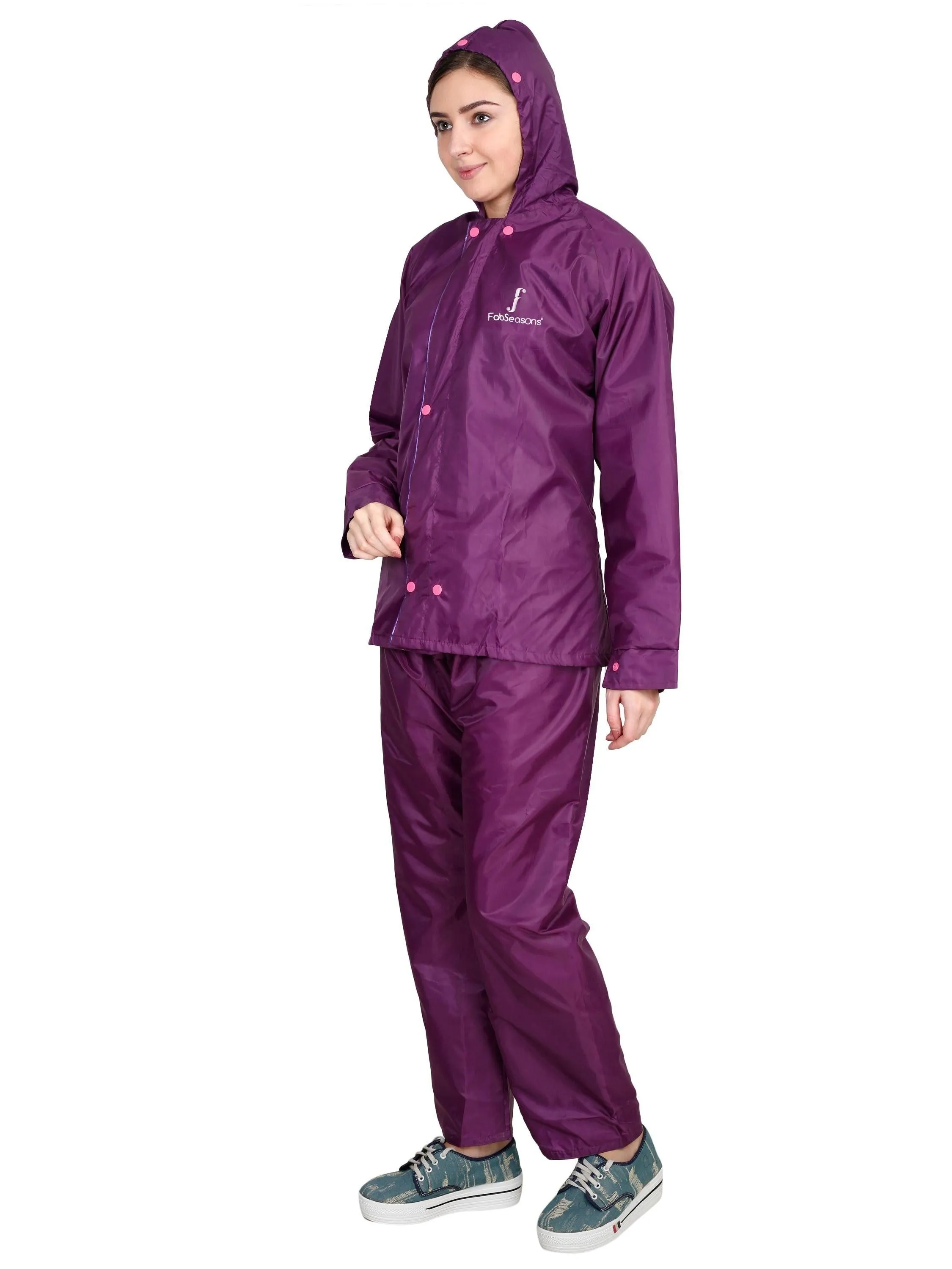 FabSeasons Dark purple Waterproof Raincoat for women -Adjustable Hood & Reflector at back for Night visibility.