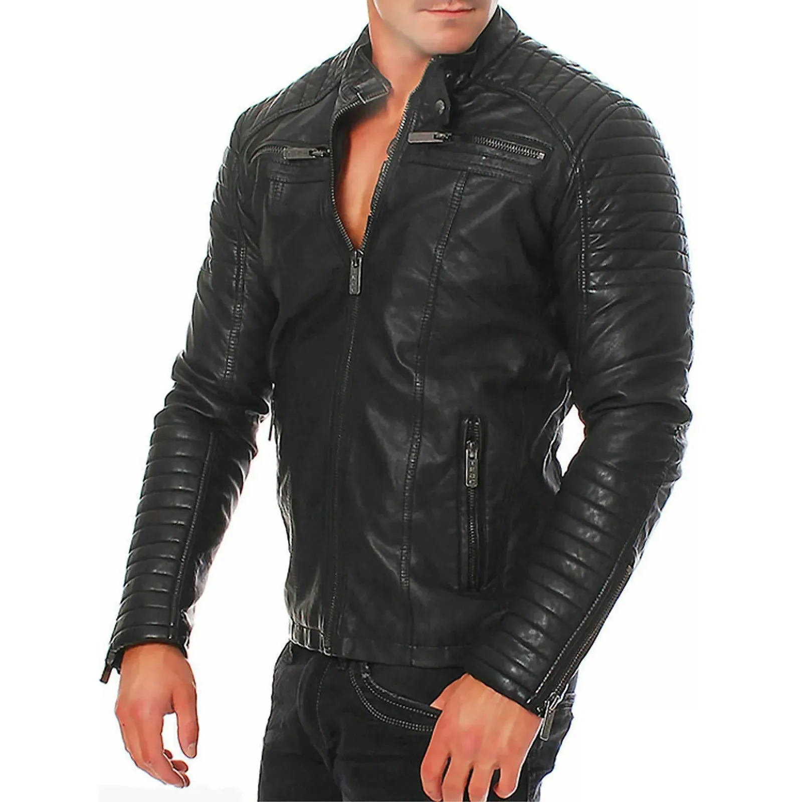 Fashion Men's Motorcycle Riding Leather Jacket Windproof Rainproof Solid Color Zipper Casual Hip Hop Varsity Jacket