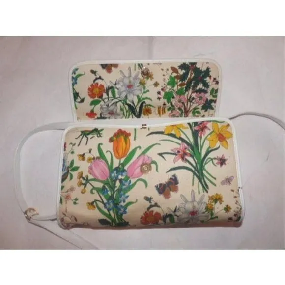 GUCCI Vintage 2-way White Leather Floral Fabric