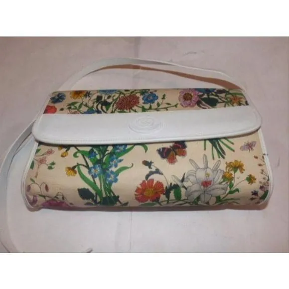 GUCCI Vintage 2-way White Leather Floral Fabric